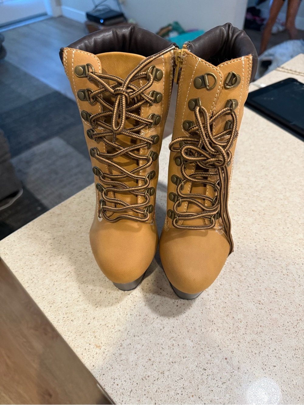 Pleaser Tan Lace-Up Ankle Boots with Side Zipper Size 6